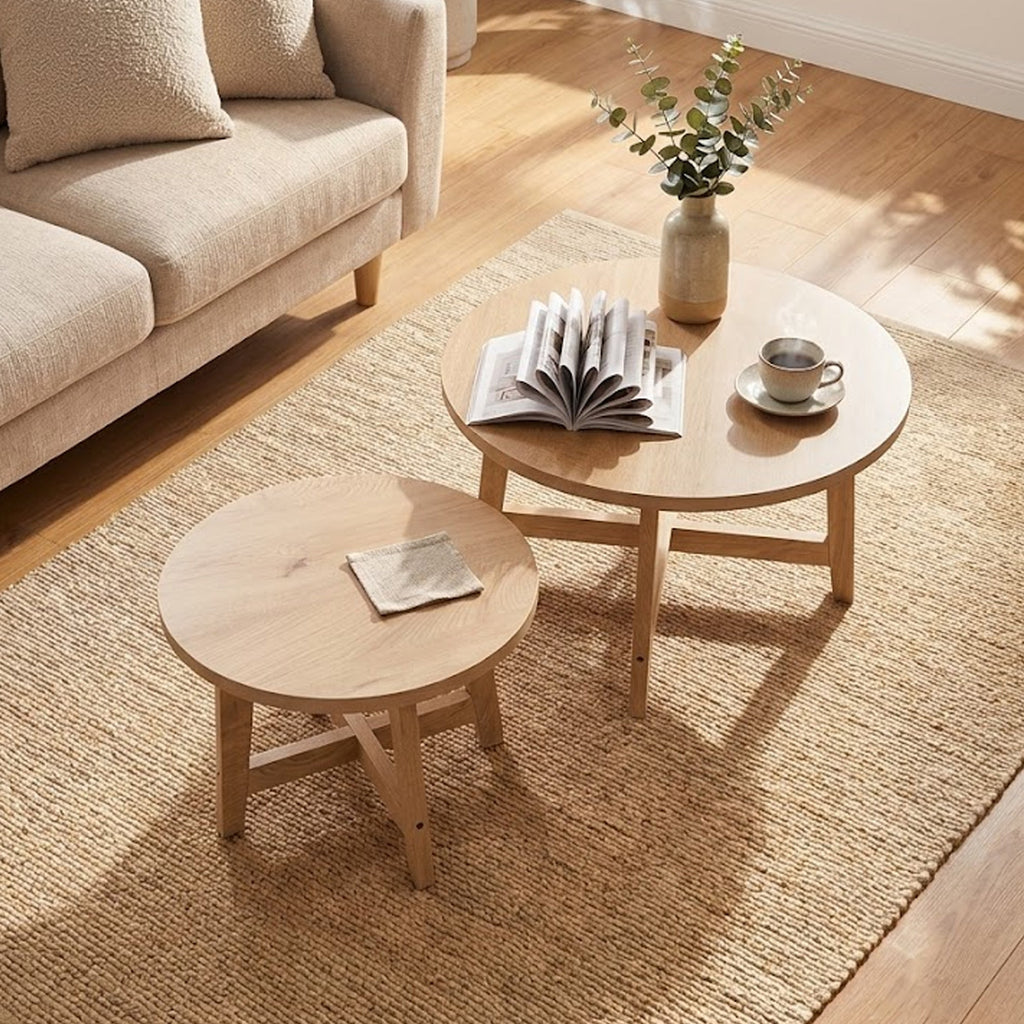 Round Nesting Coffee Tables Set of 2 with X-Cross Support - Natural Wood Finish