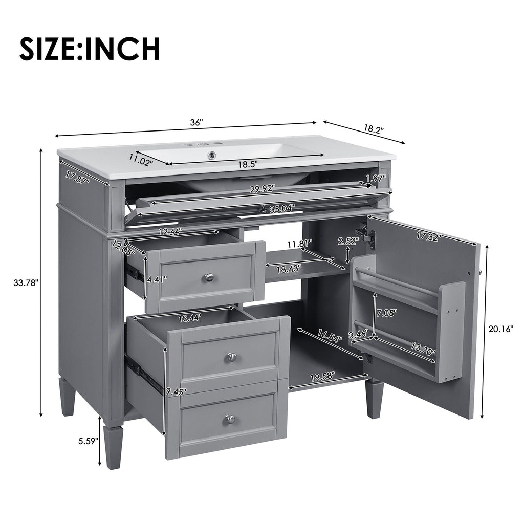 36" Bathroom Vanity with Ceramic Sink and Storage Drawers - Multiple Colors