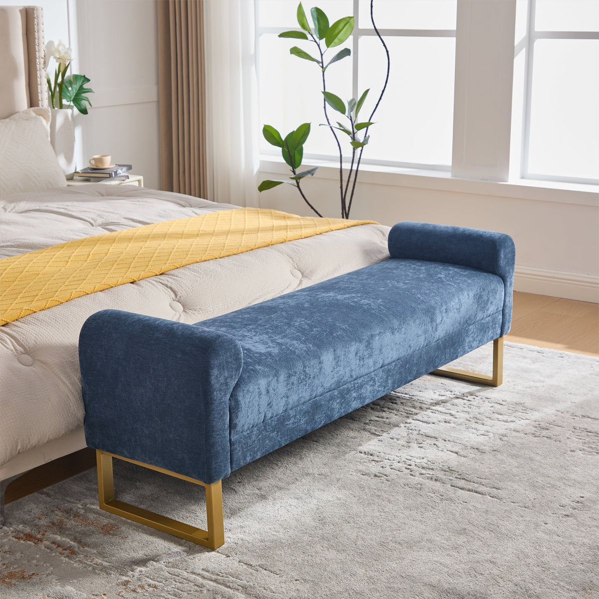 65" Chenille Ottoman Bench with Upholstered Wood Frame - Neutral