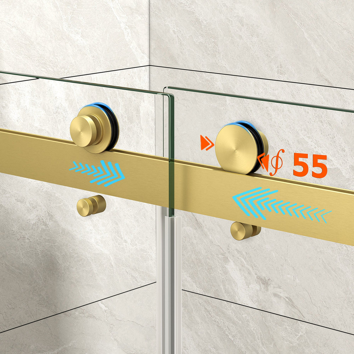 Frameless Shower Door with Tempered Glass - Brushed Gold
