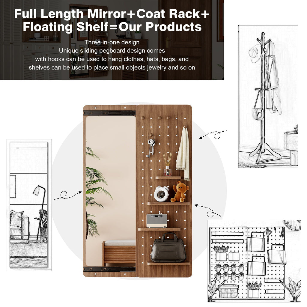 Full Length Wall Mounted Mirror with Shelf and Hook - Dark Brown, White, or Light Brown