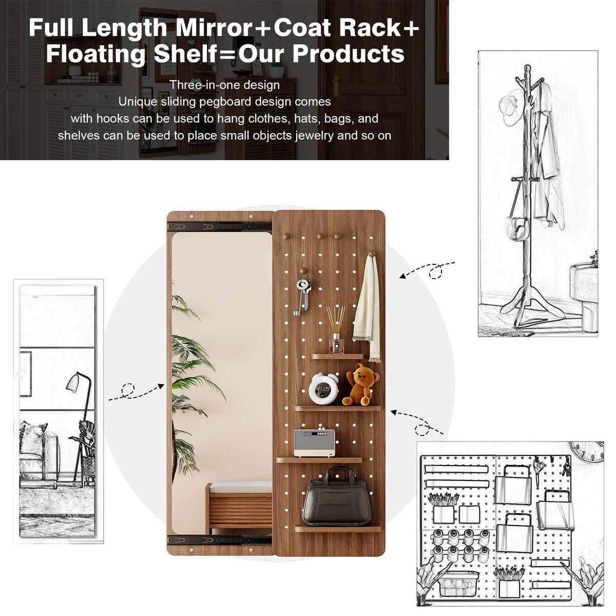 Full Length Wall Mounted Mirror with Shelf and Hook - Dark Brown, White, or Light Brown