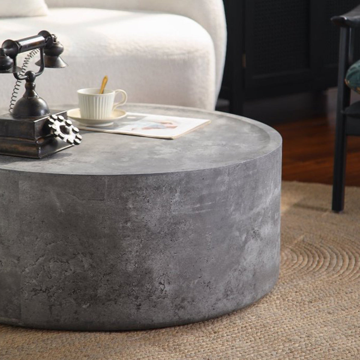 31.5" Round Coffee Table With Faux Concrete Finish