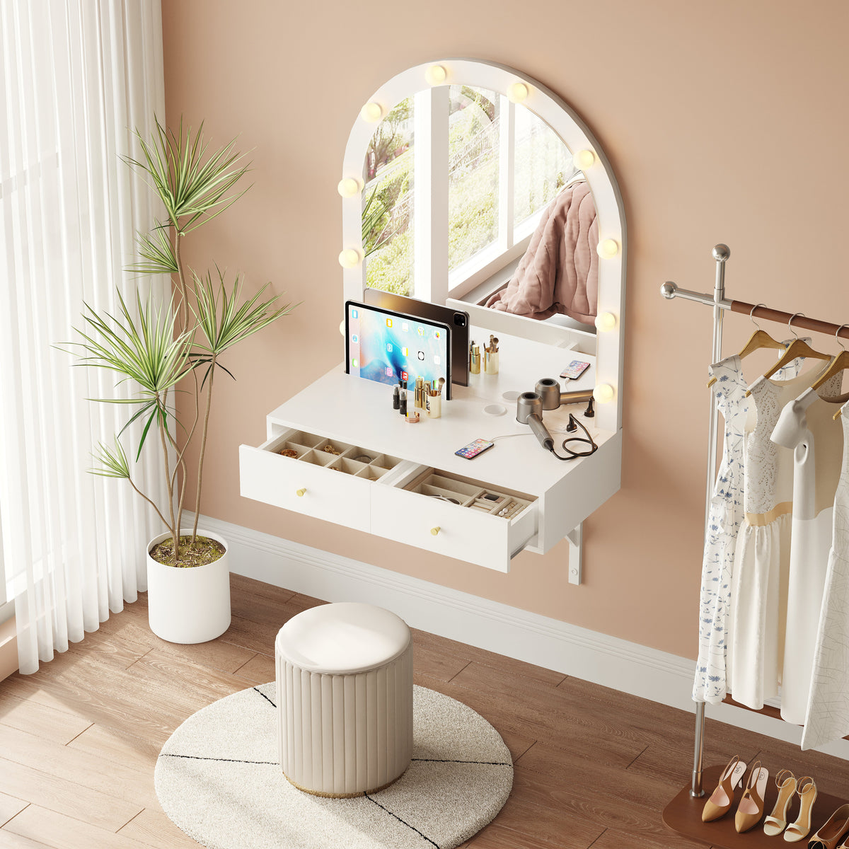 Floating Makeup Vanity Desk with 3-Color LED Mirror – Engineered Wood