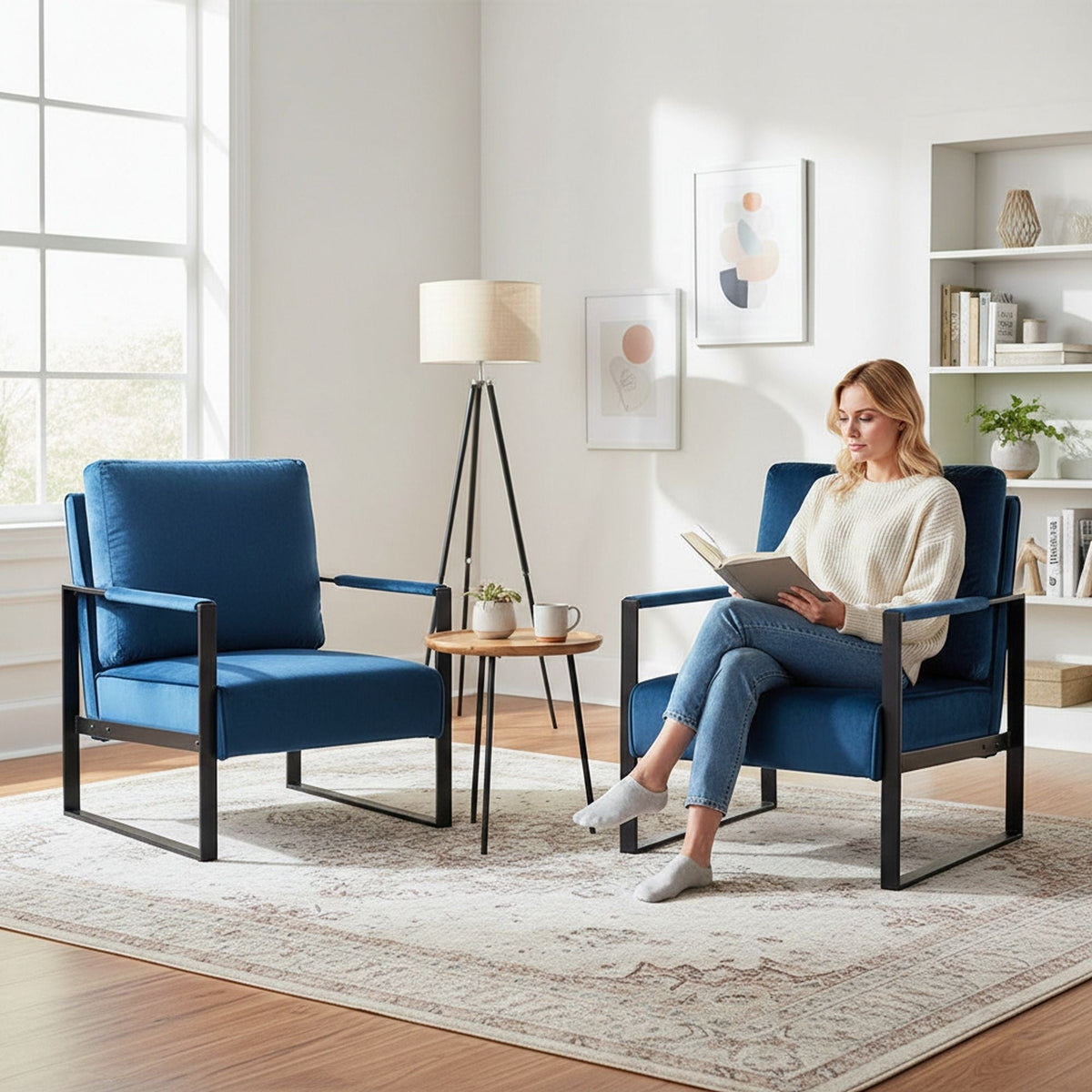 Classic Mid Century Modern Accent Chair with Square Metal Frame - Multiple Colors