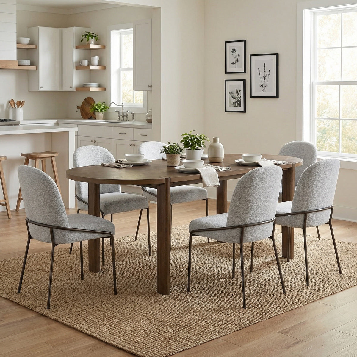 7-Piece Oval Rubberwood Dining Set with Upholstered Chairs