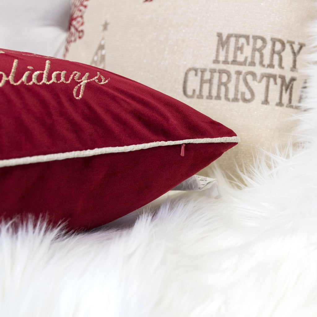 Red Velvet Holiday Pillow with Gold Embroidery - Red