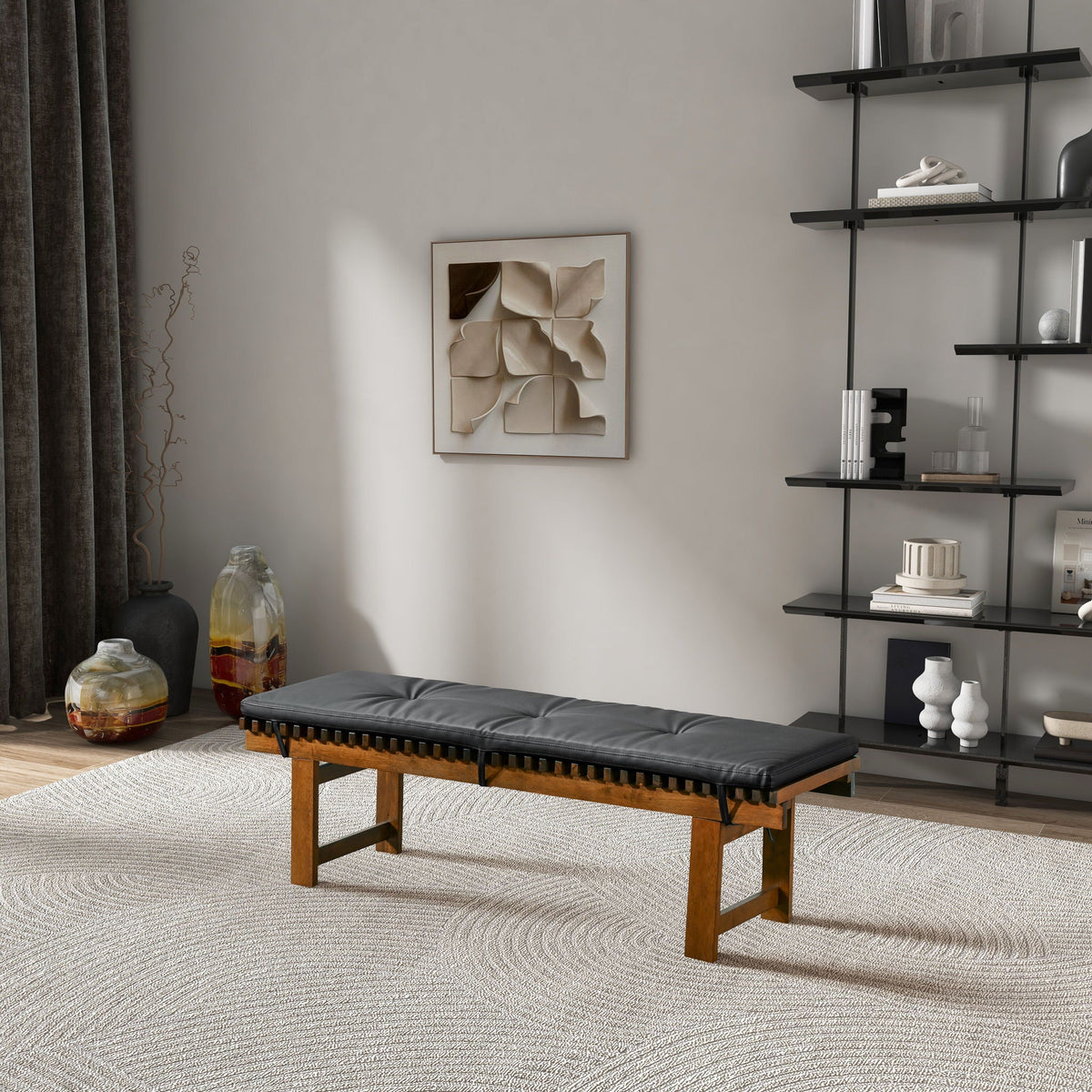 Black Upholstered Bench with Solid Wood Frame - Lucia