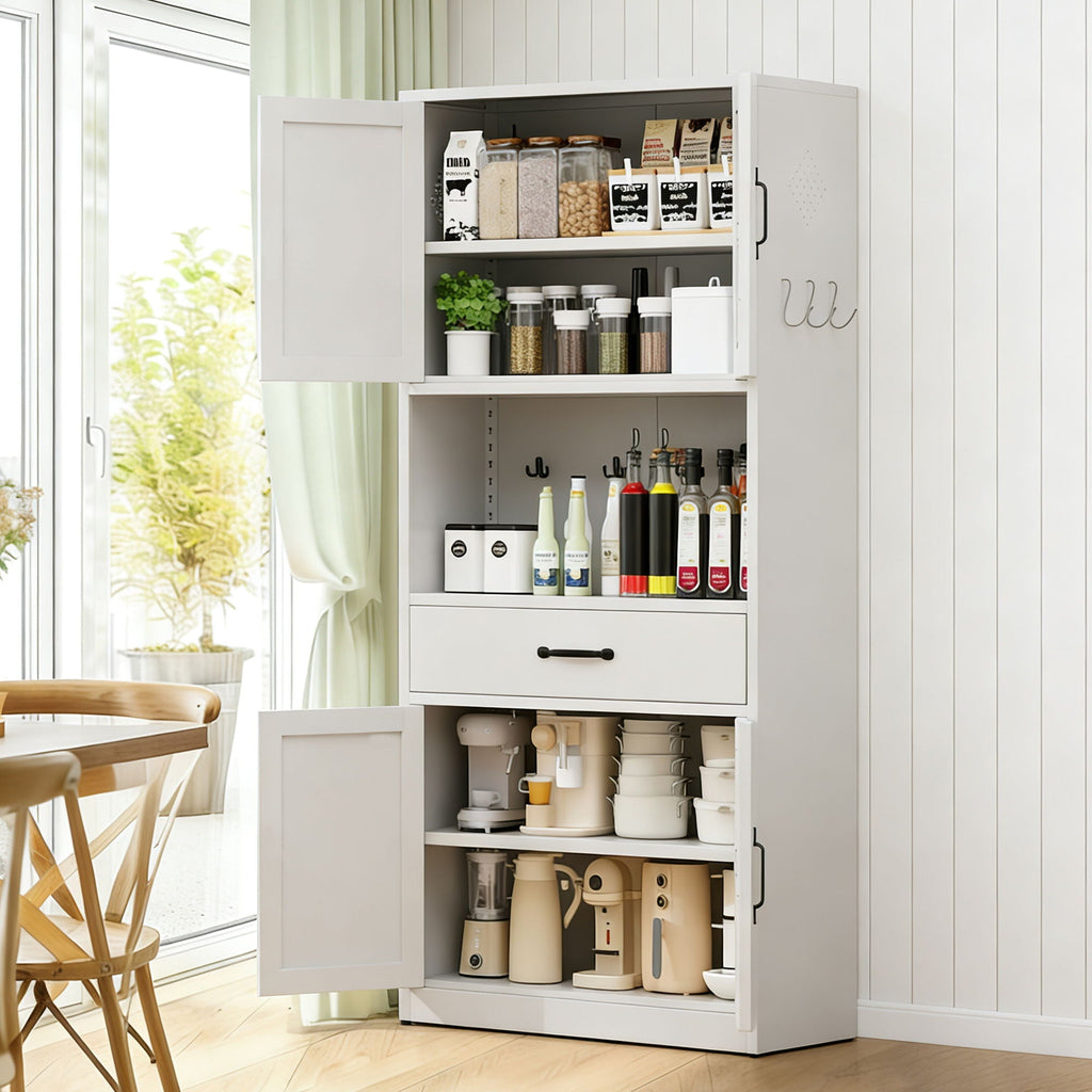 White Steel Kitchen Pantry Cabinet with Adjustable Shelves, Drawers and Hooks