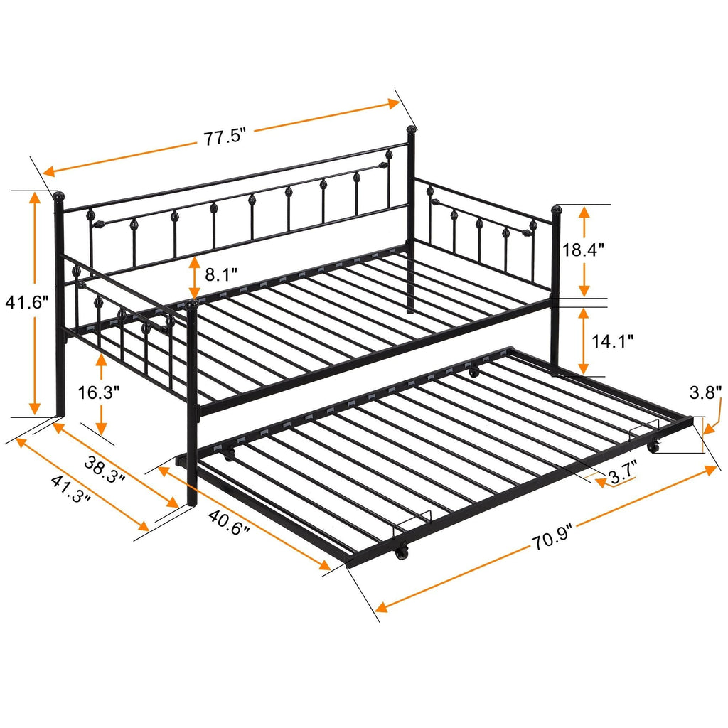 Twin Daybed with Trundle - Space-Saving Metal Frame - Black