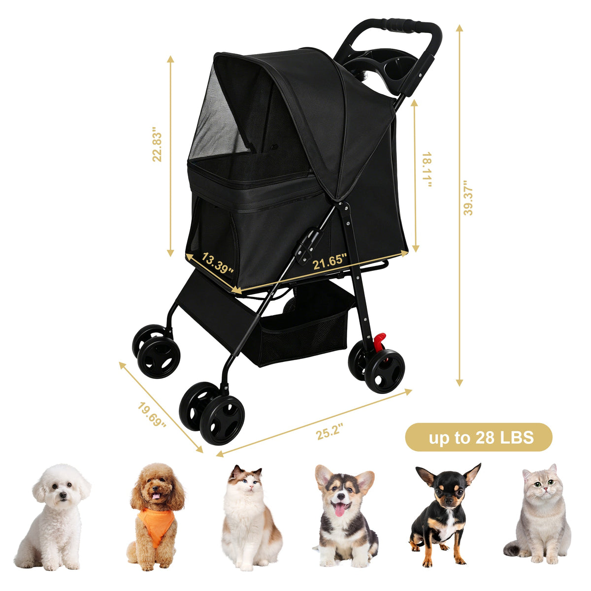 Foldable Pet Stroller with Mesh Panels and Storage Basket - Black, Pink, or Blue