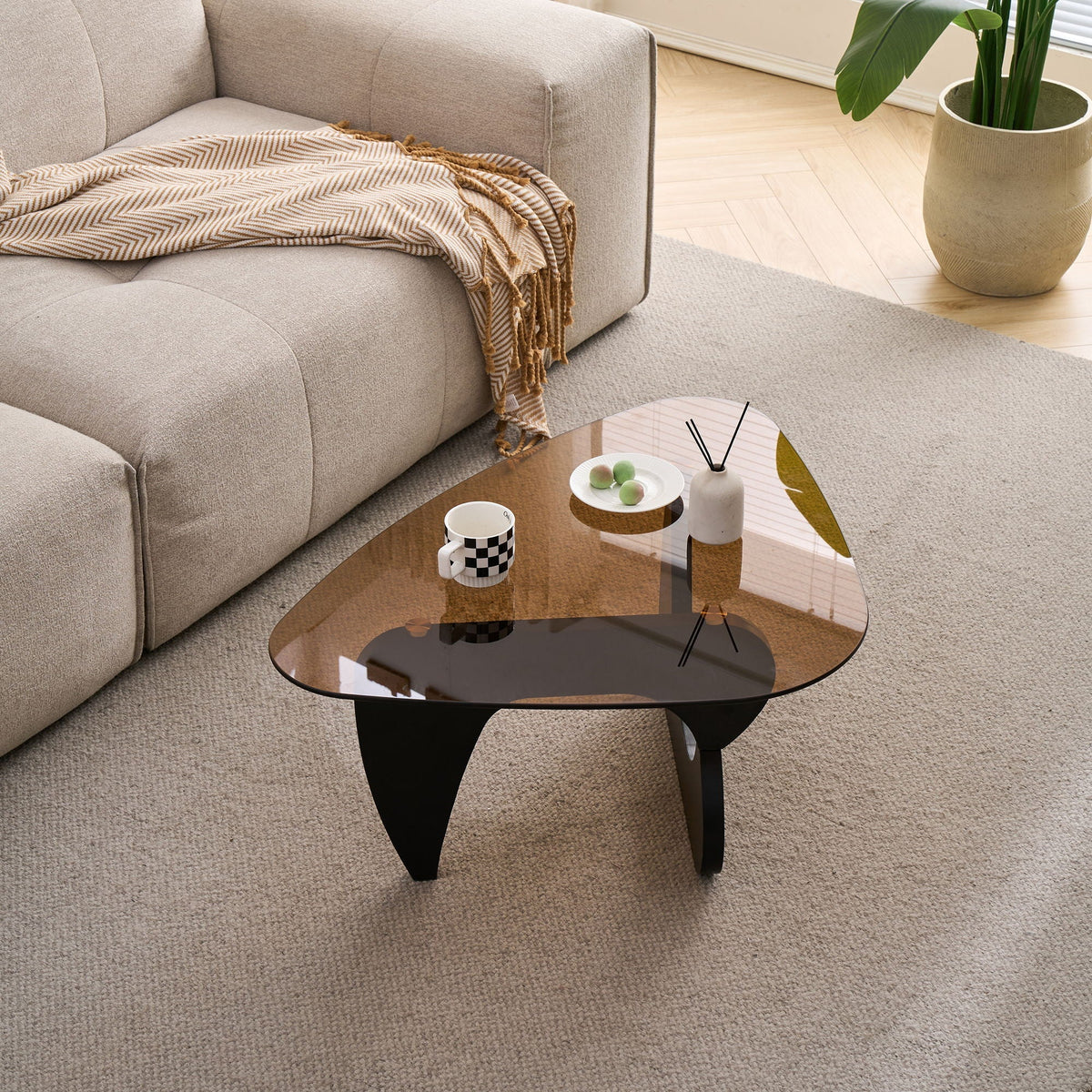 Modern Center Coffee Table with Tempered Glass Top - Light Brown, Black, Dark Brown