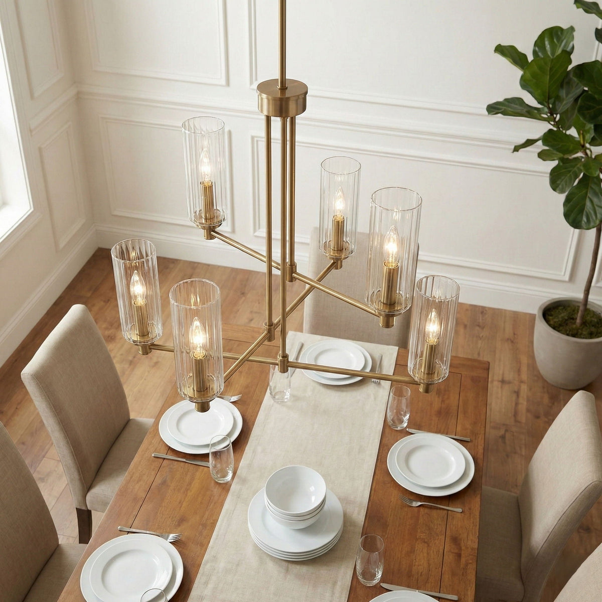 Timeless 6 Lights Chandelier With Clear Ribbed Satin - Antique Brass / Clear / Gold