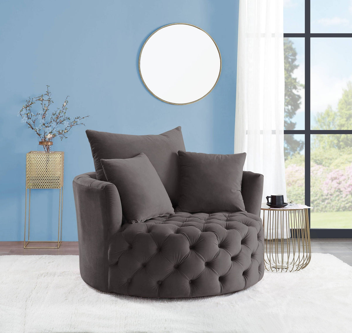 Velvet Swivel Accent Chair with Button Tufting - Dark Gray or Pink