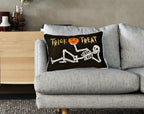 Embroidered Velvet Halloween Skeleton Lumbar Pillow with Skeleton Design - Black