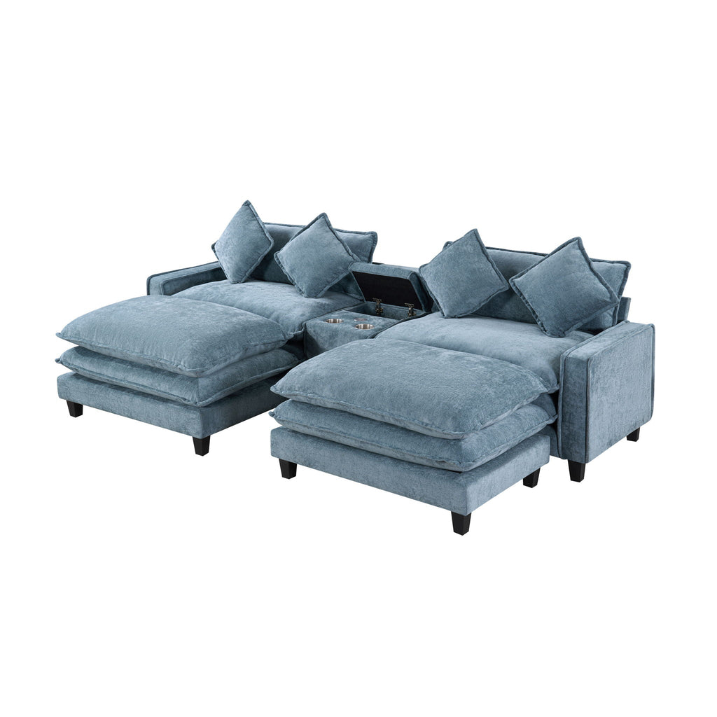 Modern Sectional Sofa with Removable Ottomans, USB Ports - Dark Gray or Light Blue