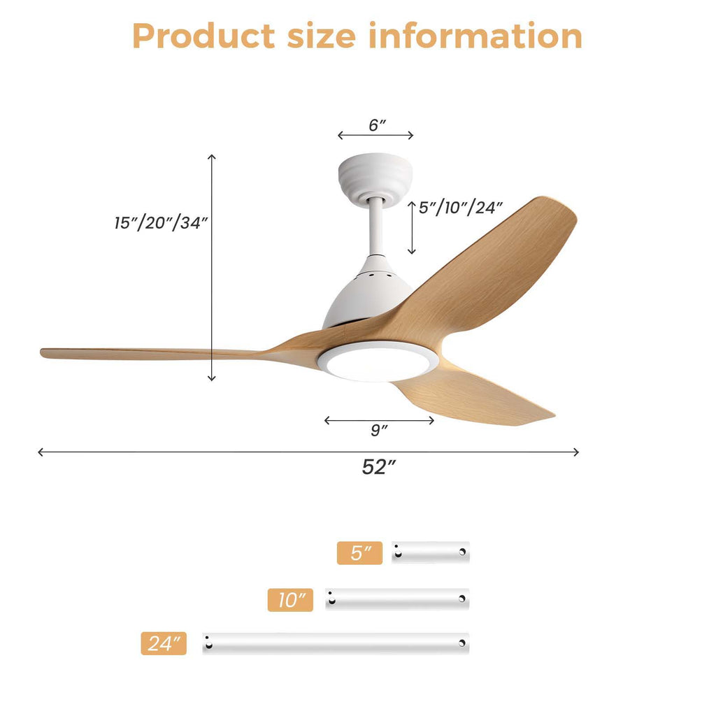 Bredoom 52" Ceiling Fan with Remote Control and LED Light - White or Light Brown