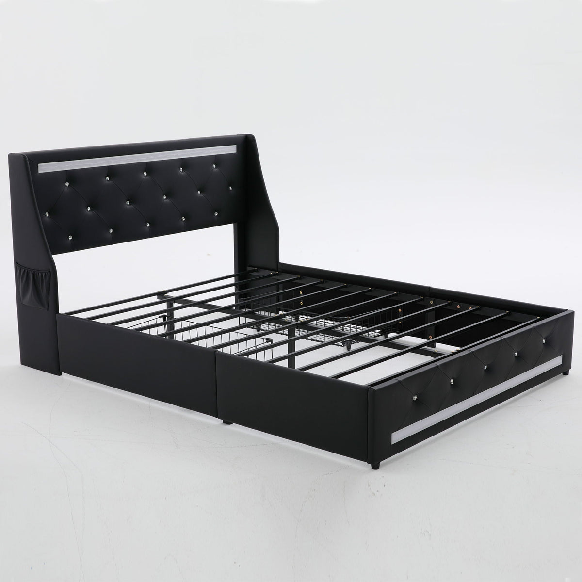 Wingback Upholstered Bed Frame with LED Lights and Charging Station - Black or White
