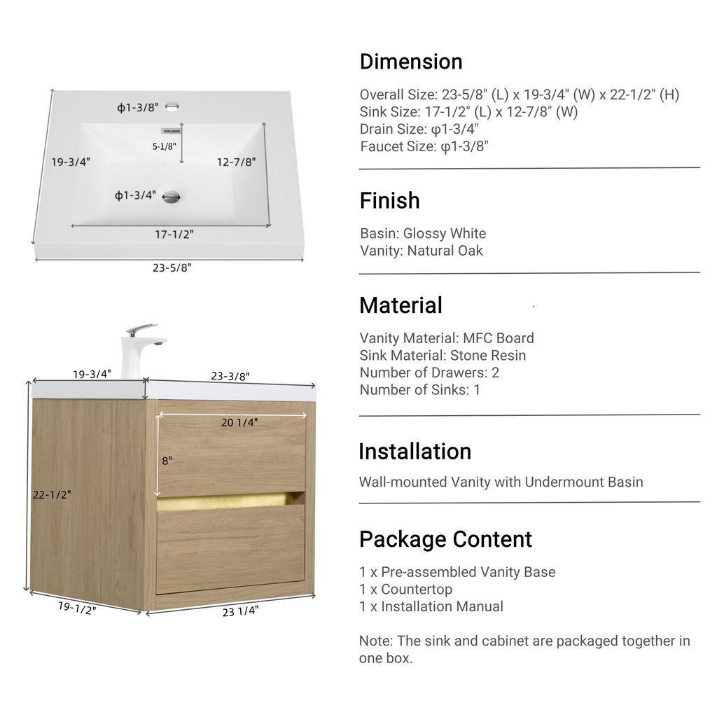 24" Wall-Mounted Bathroom Vanity with Stone Resin Sink - Light Wood