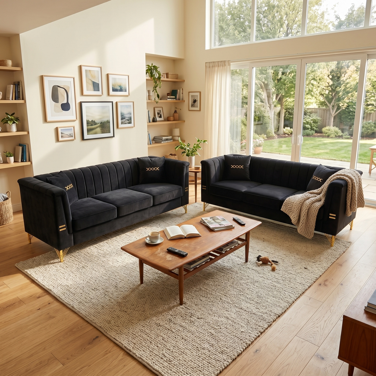 Velvet Sectional Sofa Set with Gold Metal Legs - Cream White
