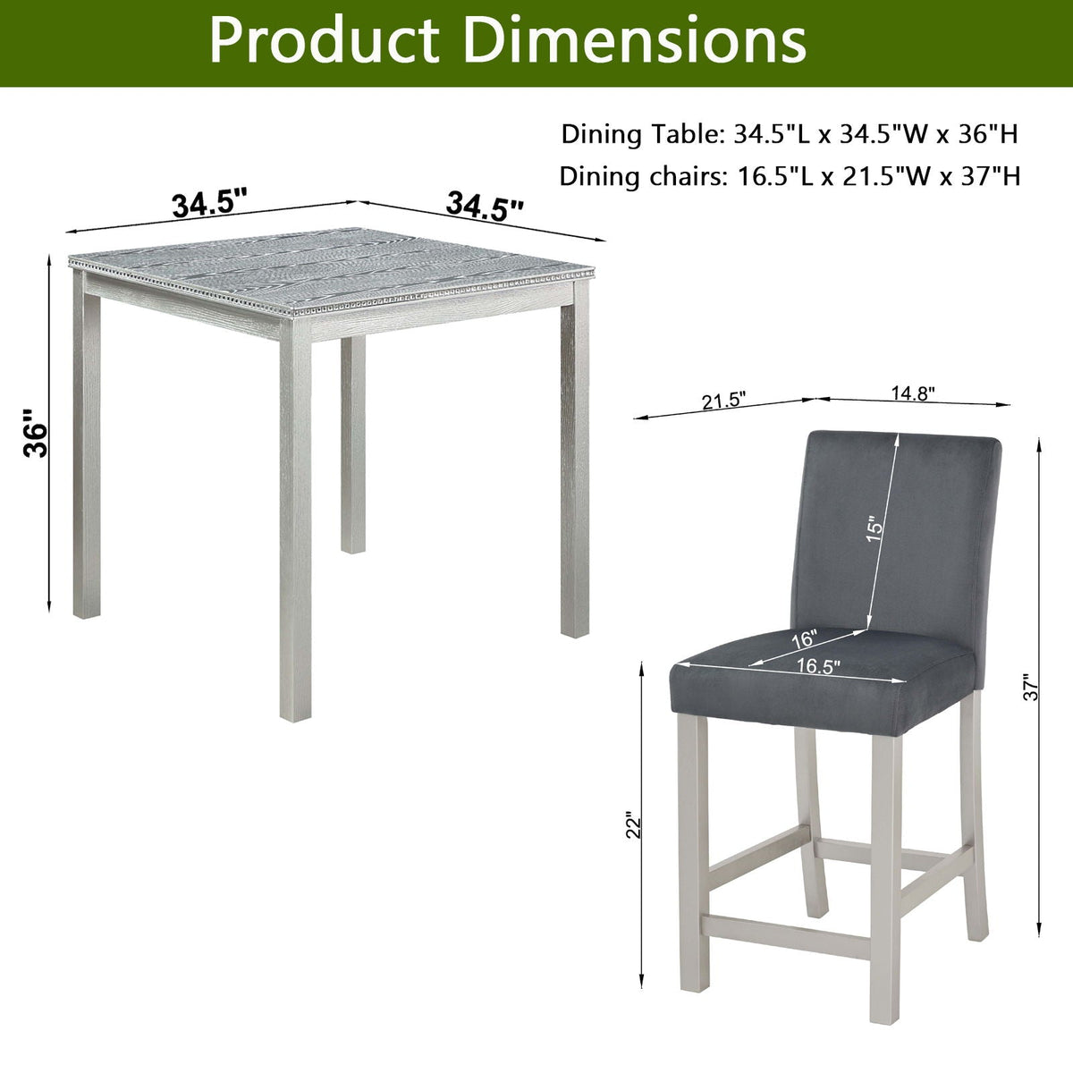 Counter Height 5 Piece Dining Set with Upholstered Chairs - Black or Pearl Silver