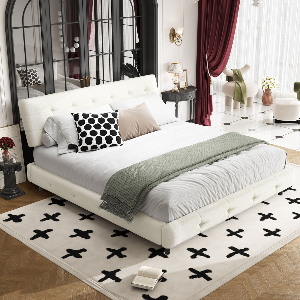 Tufted Headboard Upholstered Bed with Ultra-Soft Cloud Pillow Design - White or Black