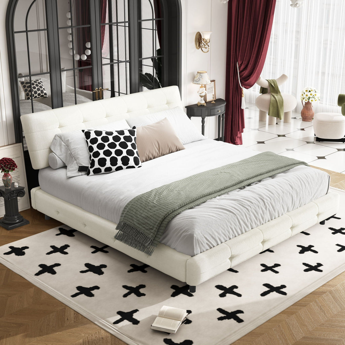 Tufted Headboard Upholstered Bed with Ultra-Soft Cloud Pillow Design - White or Black