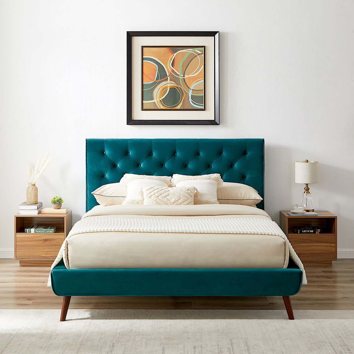 Light Blue Queen Platform Bed with Button Tufted Headboard