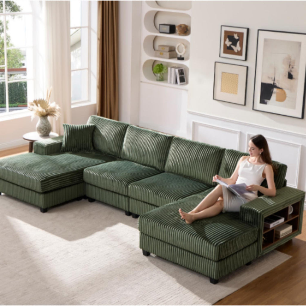 U-Shaped Convertible Sofa, 4 Seater Sectional with Storage Armrests - Multiple Colors