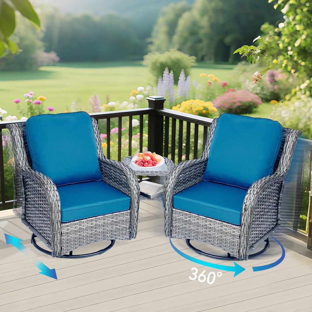 Wicker Outdoor Swivel Chairs Set with Side Table - Rattan, Weather-Resistant