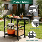 Outdoor Grill Table with Wheels and Storage Shelf - Black