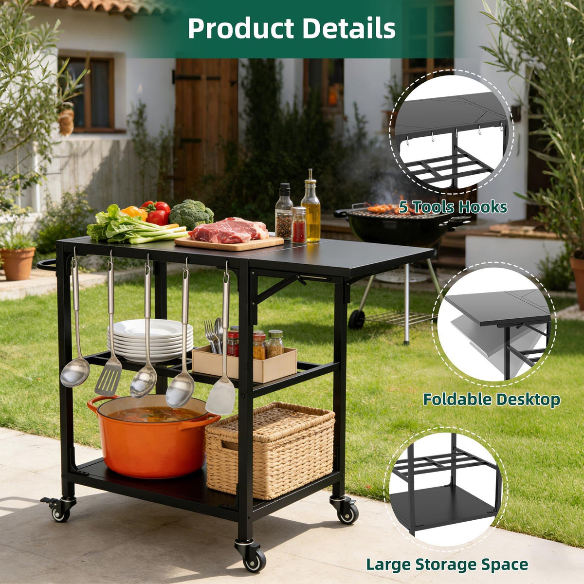 Outdoor Grill Table with Wheels and Storage Shelf - Black