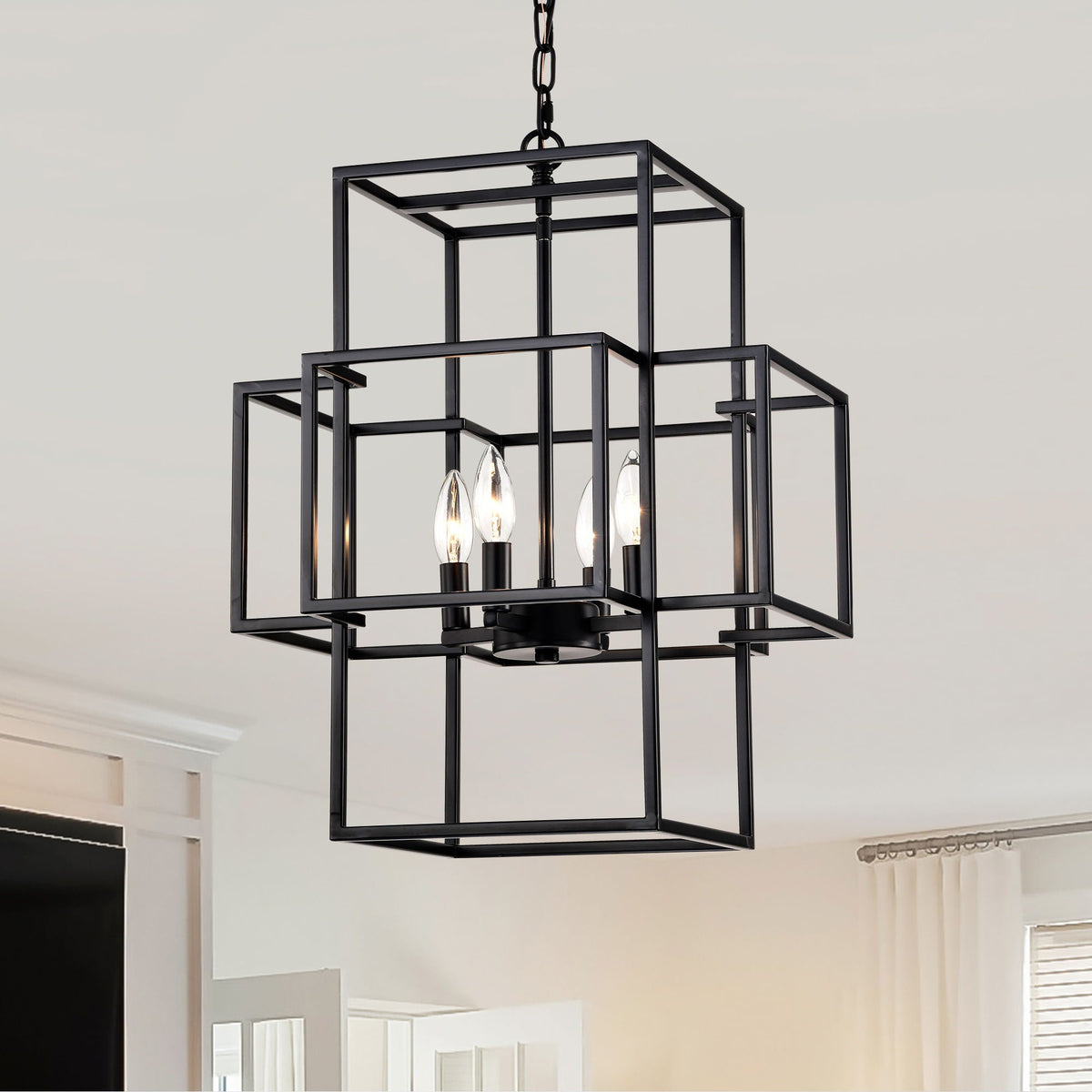 4 Light Metal Lantern Pendant Light with Adjustable Height - Black or Gold