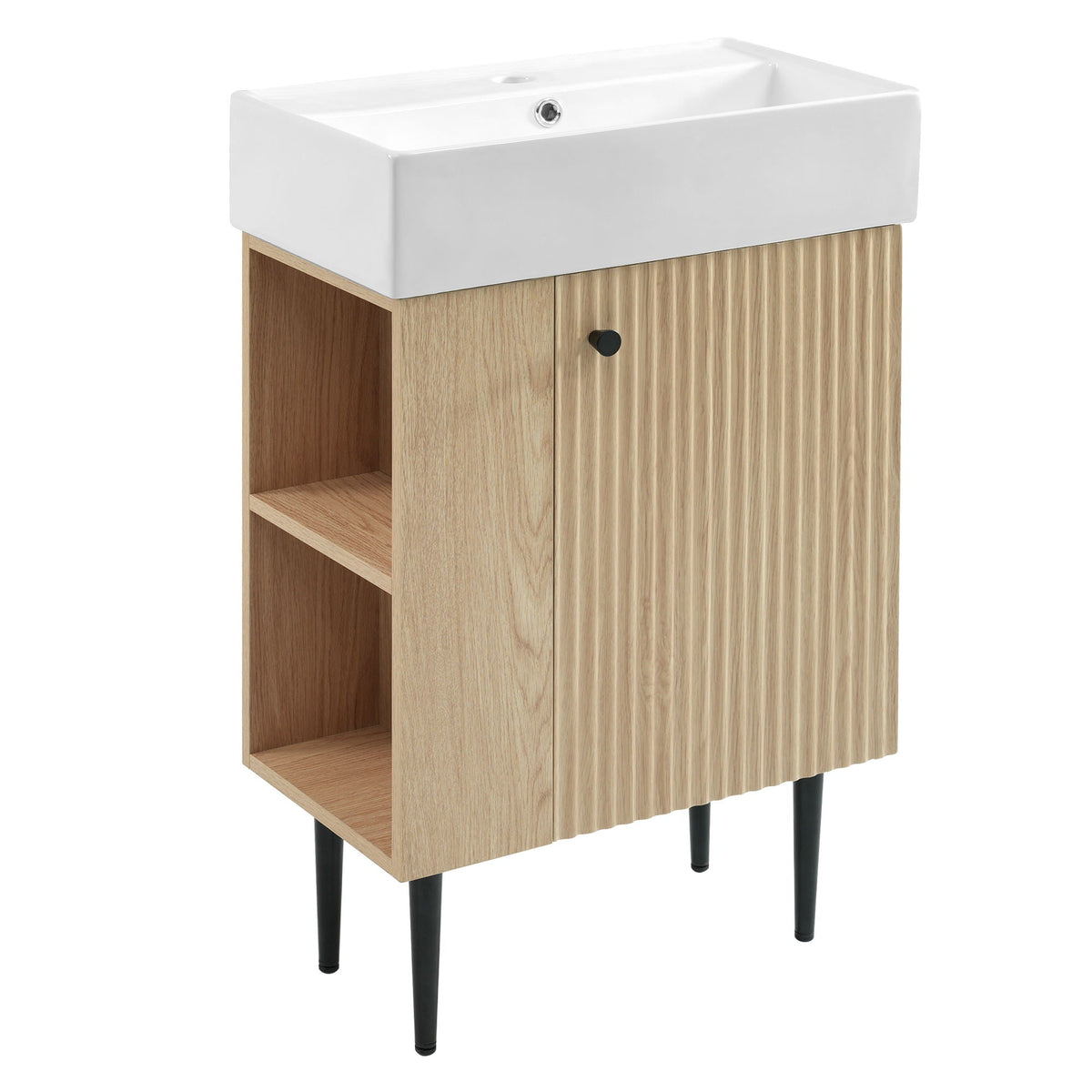 Bathroom Vanity with Single Ceramic Sink and Side Storage - Multiple Colors