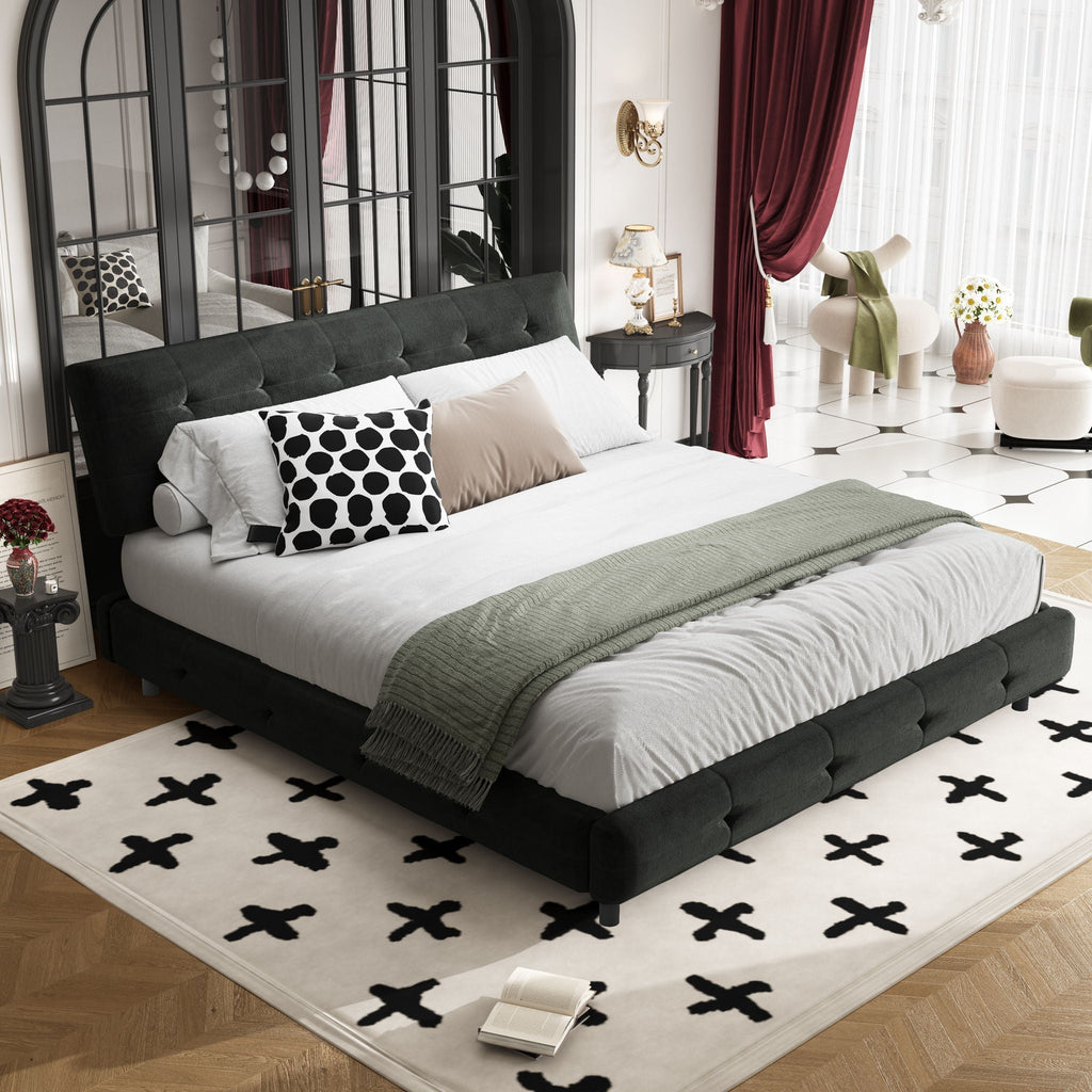 Tufted Headboard Upholstered Bed with Ultra-Soft Cloud Pillow Design - White or Black