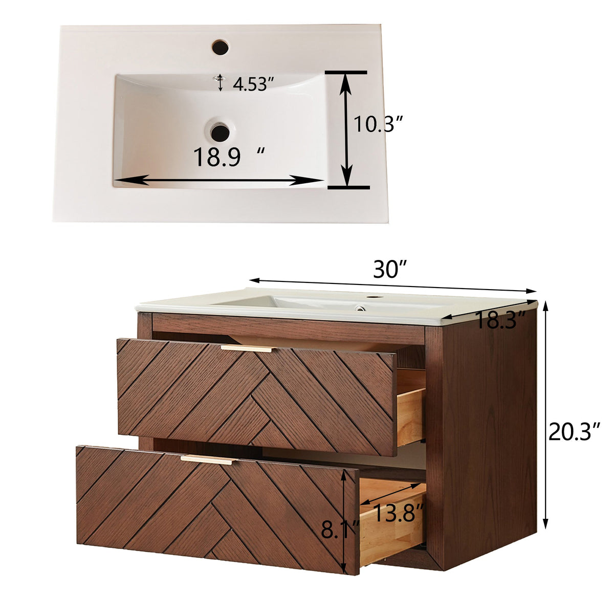 30" Floating Single Vanity Cabinet with Ceramic Top - Walnut