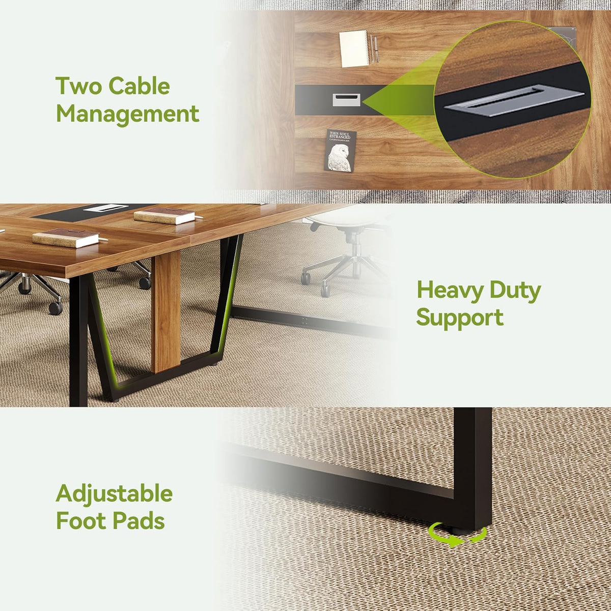 Conference Table for 8–10 People with Cable Management - Brown / Black
