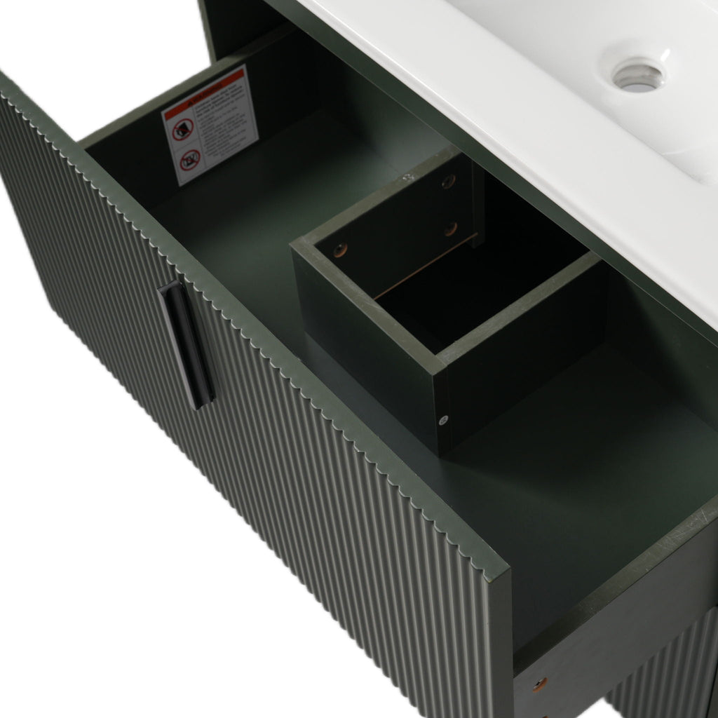 Bathroom Vanity With Ceramic Sink and Fluted Design - Dark Green, White, Light Brown
