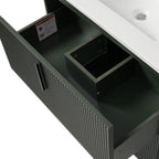 Bathroom Vanity With Ceramic Sink and Fluted Design - Dark Green, White, Light Brown
