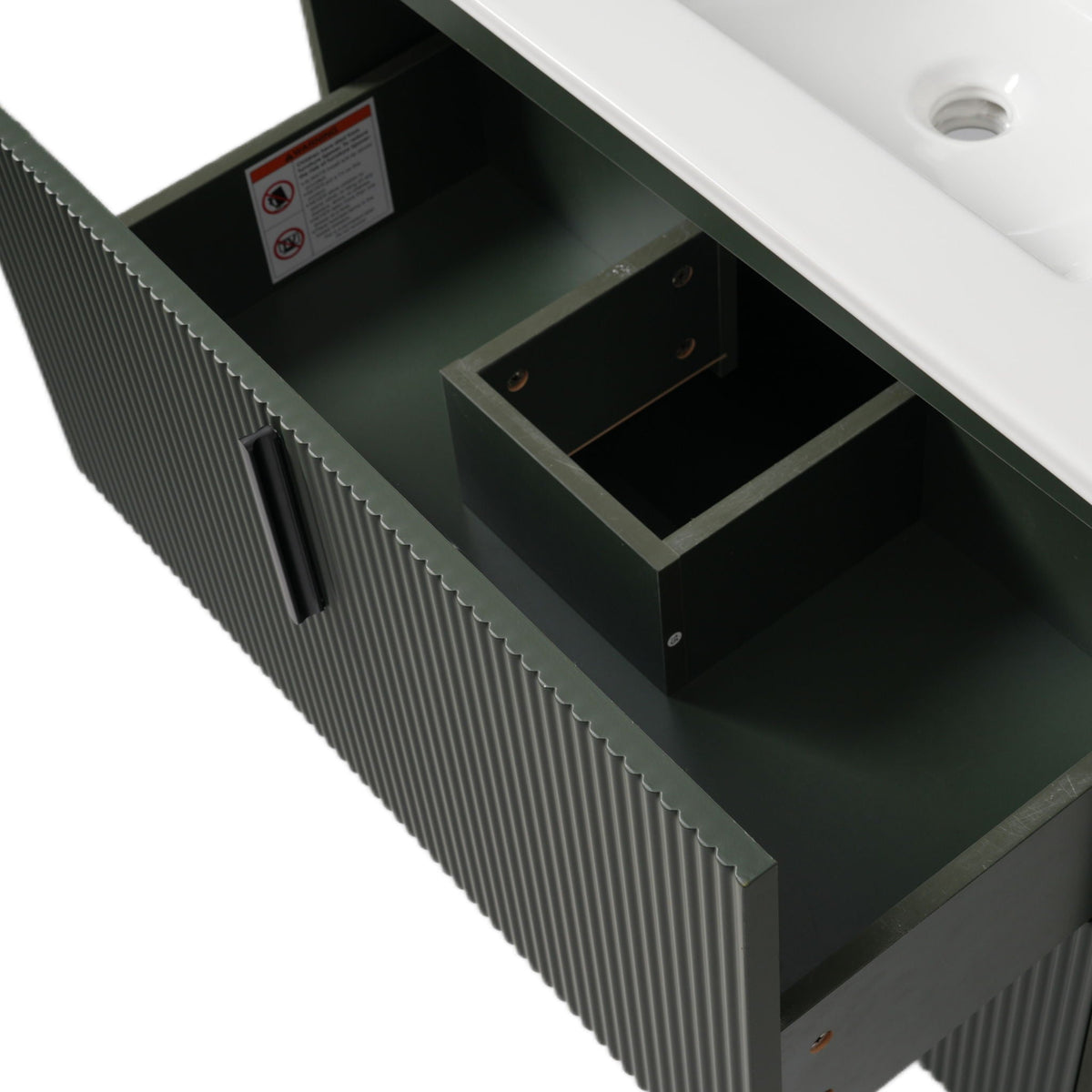 Bathroom Vanity With Ceramic Sink and Fluted Design - Dark Green, White, Light Brown