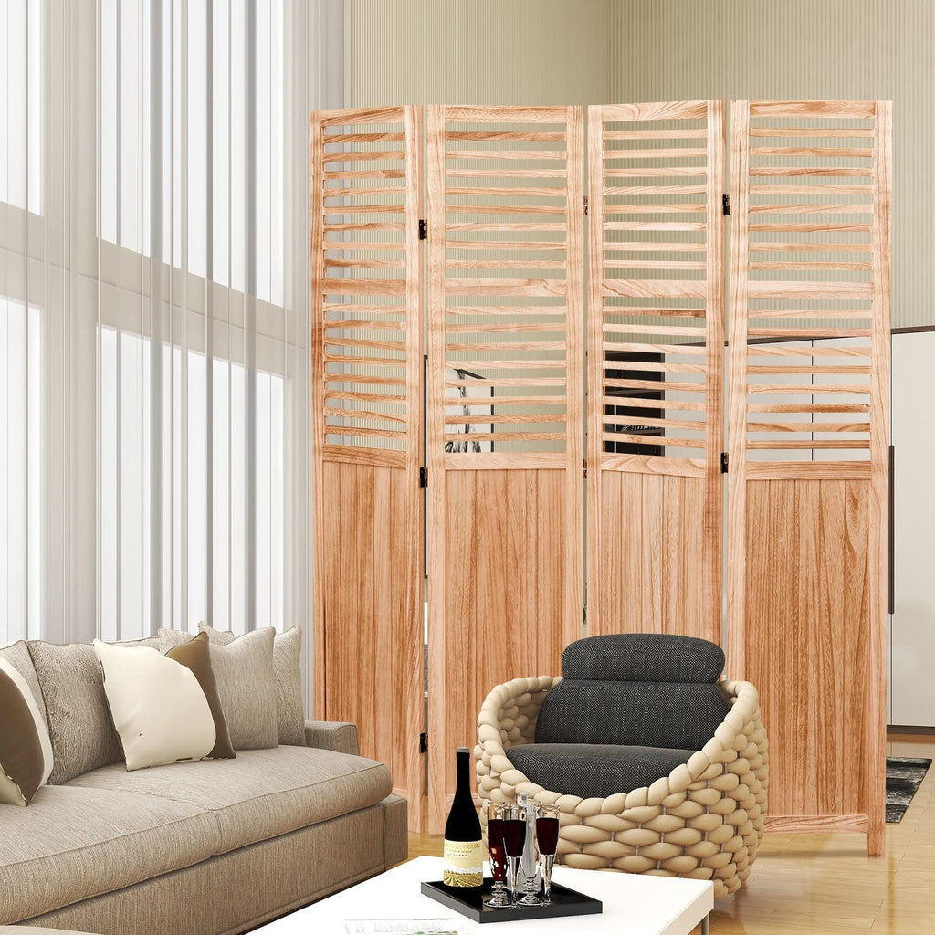 Light Brown Panel Folding Room Divider with Metal Hinges - Solid Wood