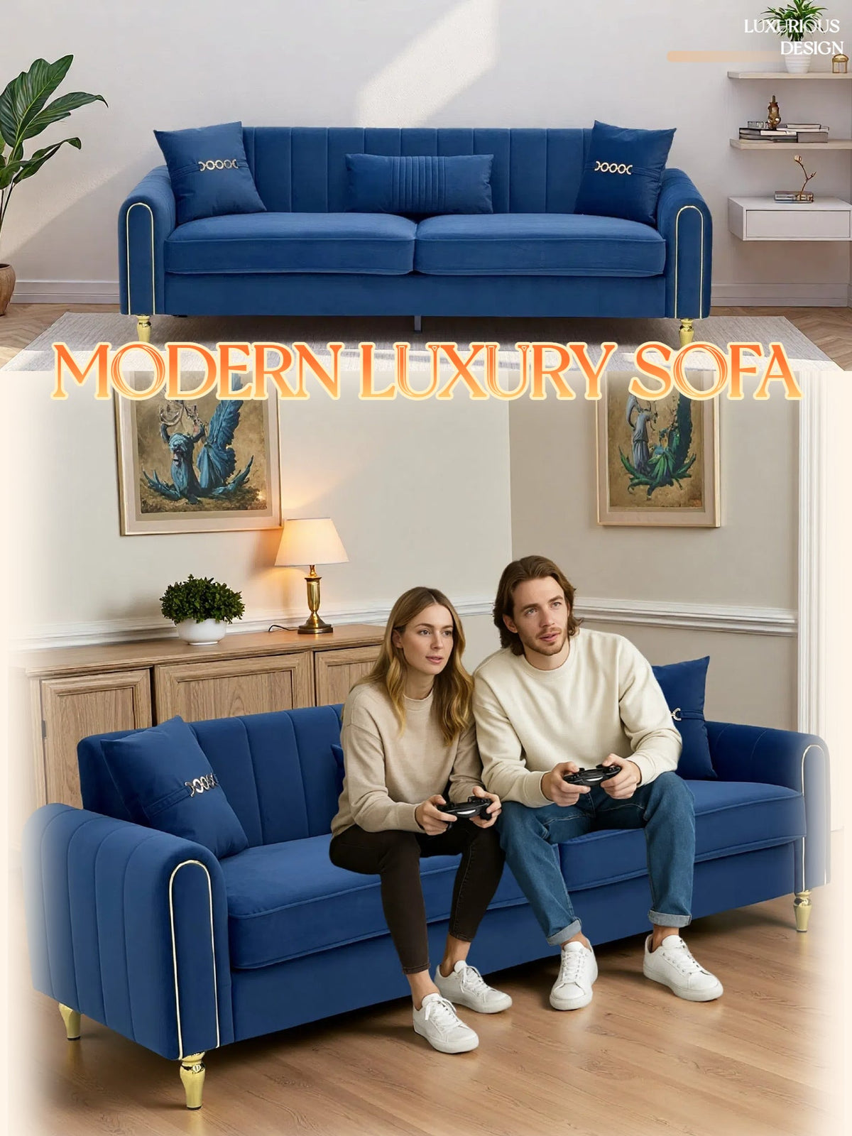 Upholstered 3-Seater Sofa with Metal Legs and Throw Pillows - 87.4 Inches