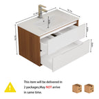 32-Inch Wall-Mounted Bathroom Vanity with Ceramic Sink Combo - Walnut/White