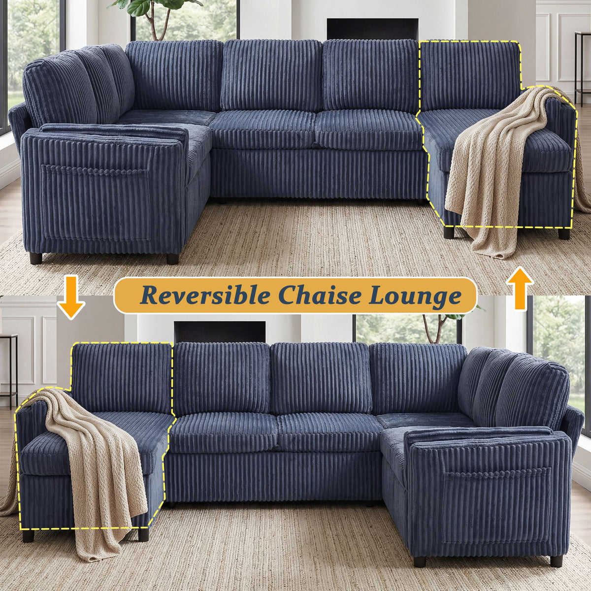 Convertible U-Shaped Sectional Sofa Bed with USB Ports and Storage – Black, Dark Gray, Blue