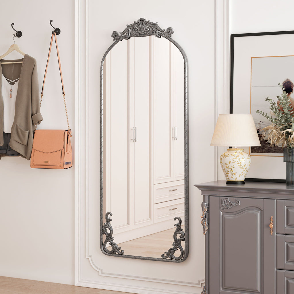 Full Body Arched Mirror with Vintage Carved Applique - Bronze or Pearl Silver