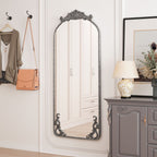 Full Body Arched Mirror with Vintage Carved Applique - Bronze or Pearl Silver