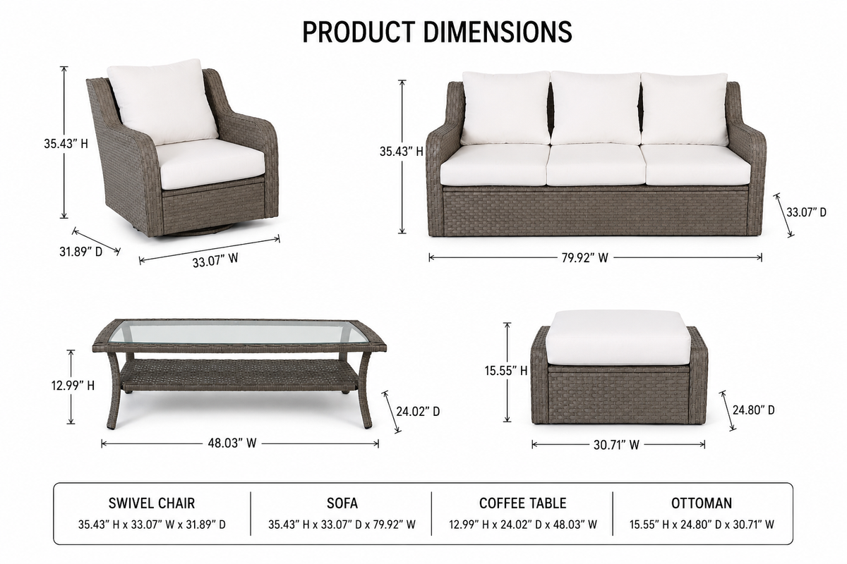 Luxury Rattan Patio Conversation Set with Swivel Chairs & Sofa - Light Gray