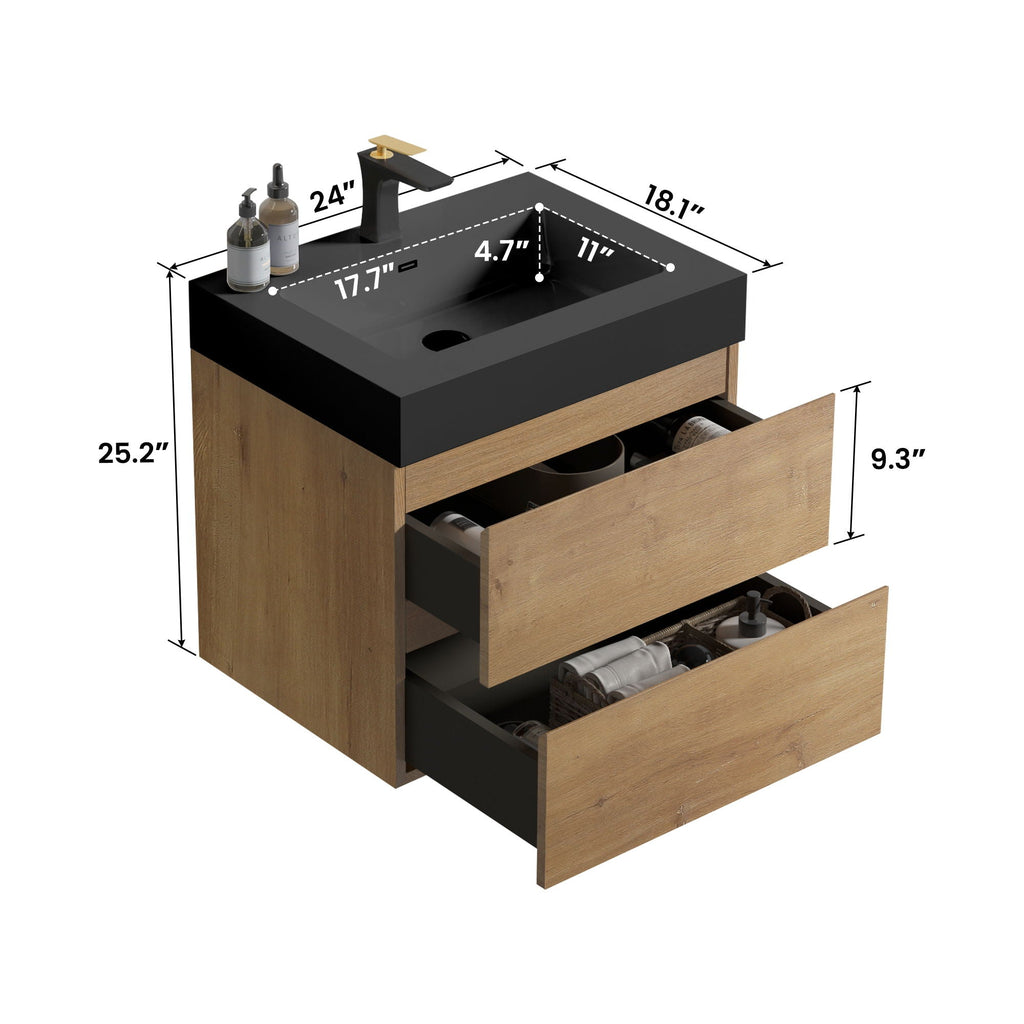 Natural Oak Bathroom Vanity with Floating Quartz Sink - Light Brown