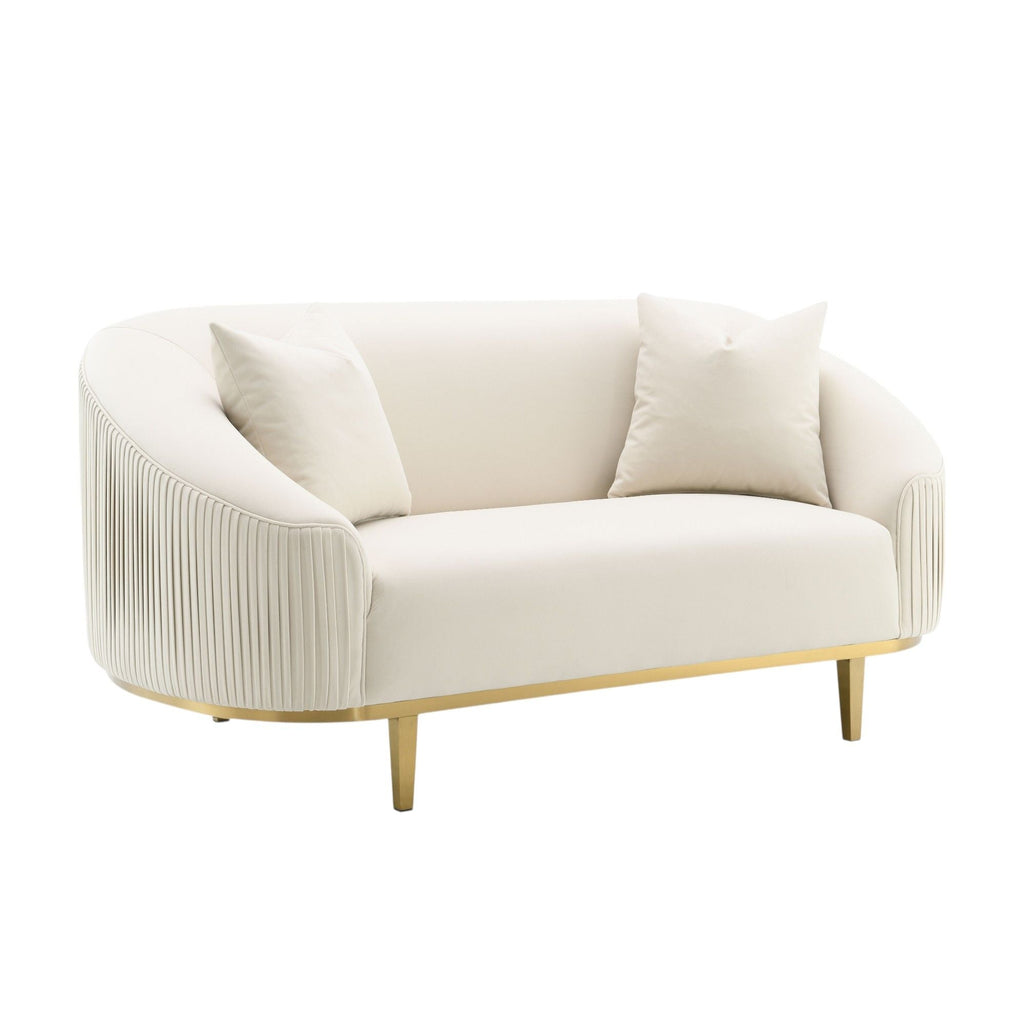 Ivory Loveseat with 2 Pillows and Metal Legs - Velvet Upholstery