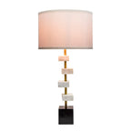 White Marble Table Lamp with Brass Frame and Fabric Shade - 15" W x 30" H